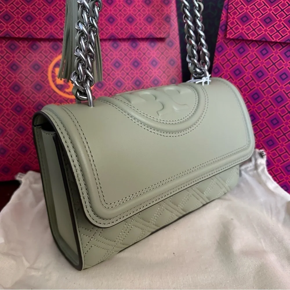 Tory Burch Olive Green Quilted Leather Shoulder Bag with Chain Strap